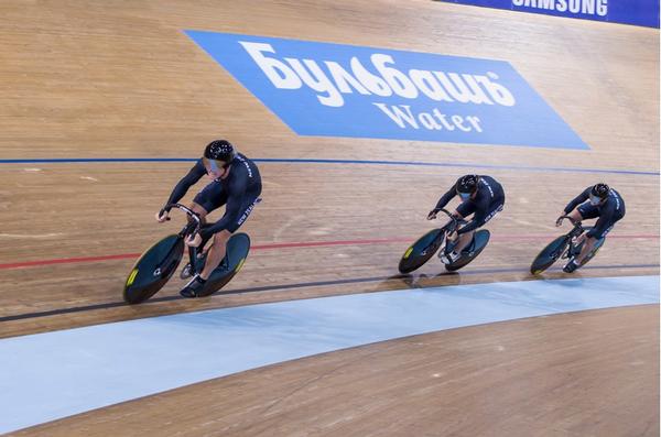 Starter Ethan Mitchell, Sam Webster and Eddie Dawkins in action at the start of the team sprint in Minsk today.